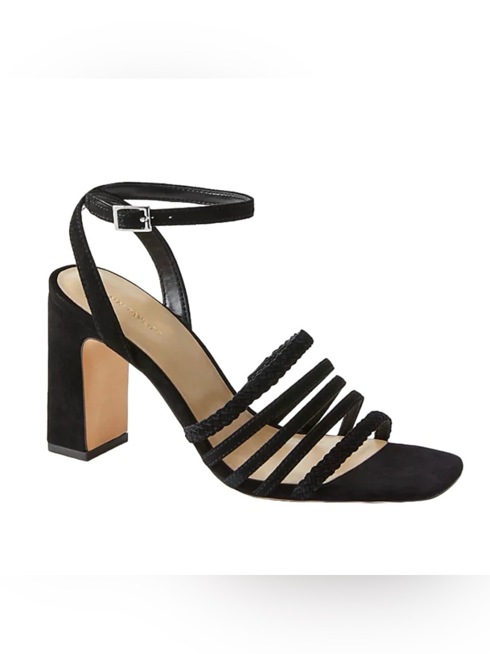 ANN TAYLOR BLACK BRAIDED SUEDE STRAPPY BLOCK HEEL SANDALS HIGH HEELS SHOES 9.5